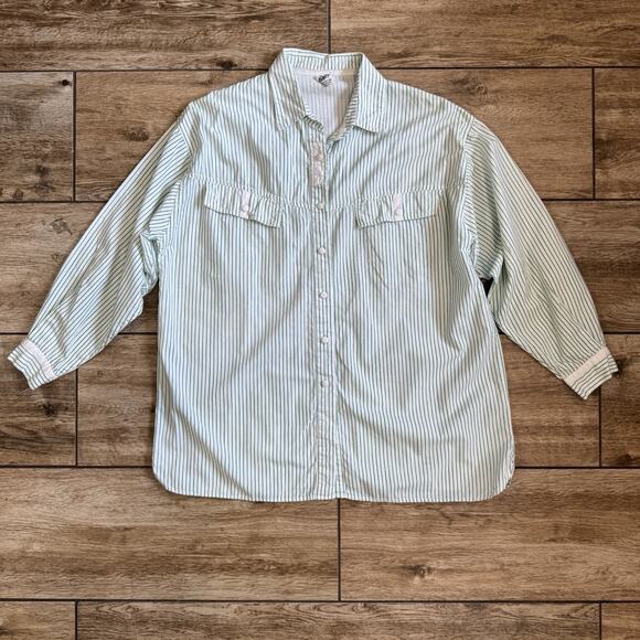 Vtg Green White Stripe Dress Shirt Collar Cuff Button Up Top Size 38 - Picture 3 of 14